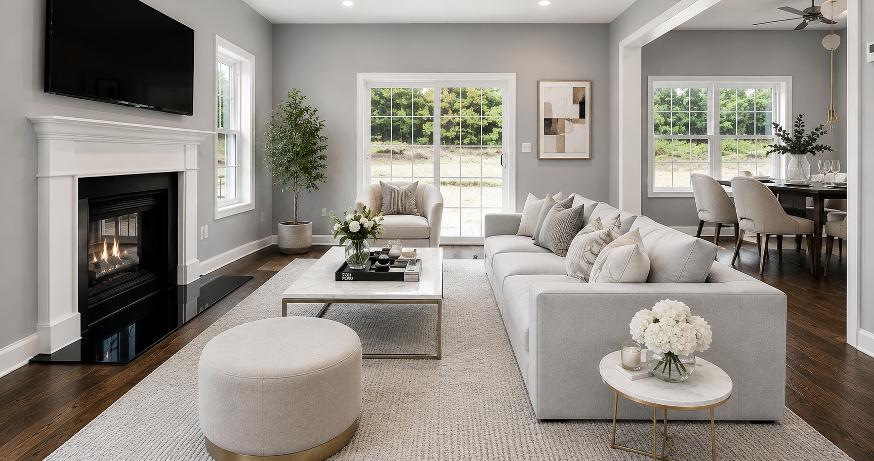 Modern living room with fireplace